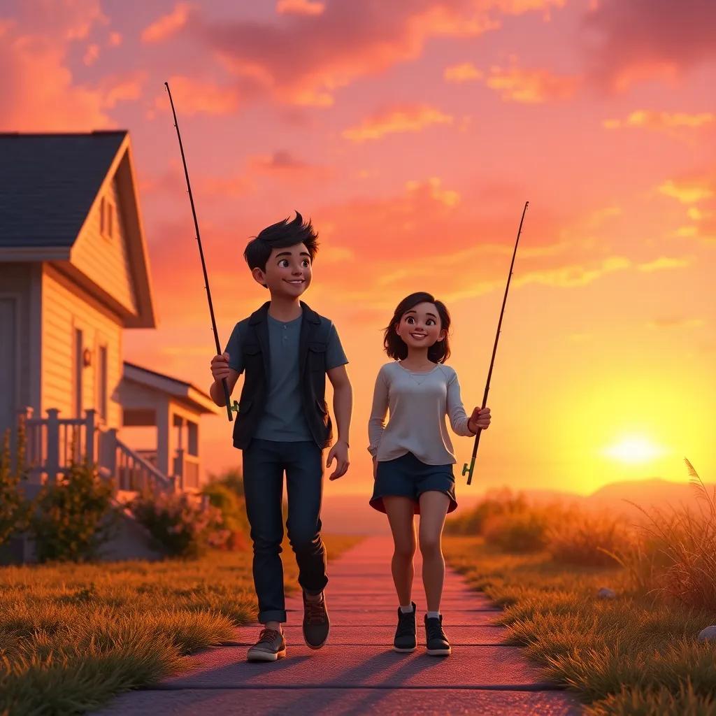 Justin and Mia walking home at sunset, holding their fishing poles, smiling and dreaming about tomorrow's adventure, beautiful orange and pink sky, warm light, heartwarming moment, high quality