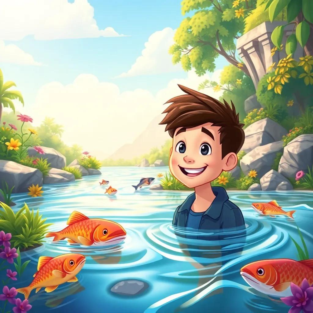 Justin calling out to the river, smiling with hope for new adventures, vibrant river landscape, colorful fish and plants around, inviting atmosphere, detailed illustration, cheerful perspective