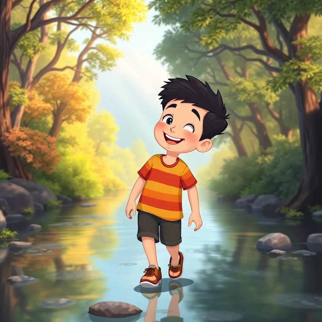 Justin, happy and content, walking away from the river with joy, a backdrop of lush trees and calming water, colorful, warm light, magical atmosphere, child-friendly style