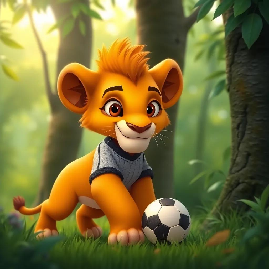 A young lion, Kadu, with a determined expression, wearing a tiny soccer jersey, practicing dribbling between trees in a lush green forest, cheerful atmosphere, vibrant colors, playful mood, high quality