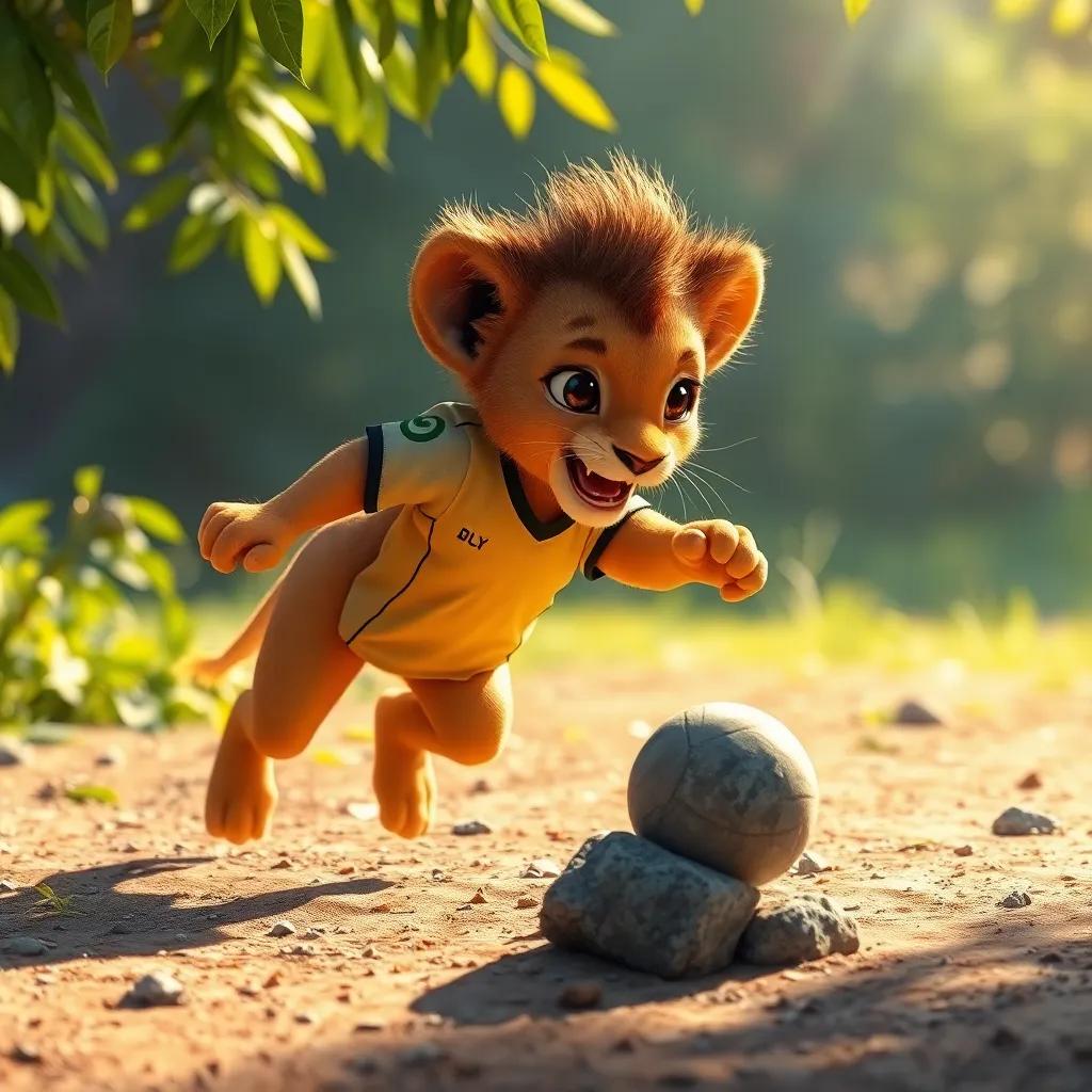 Kadu, the young lion in a small soccer jersey, fiercely kicking a small rock, with bright sunlight filtering through the leaves, demonstrating determination, warm light, inspiring scene, storytelling angle
