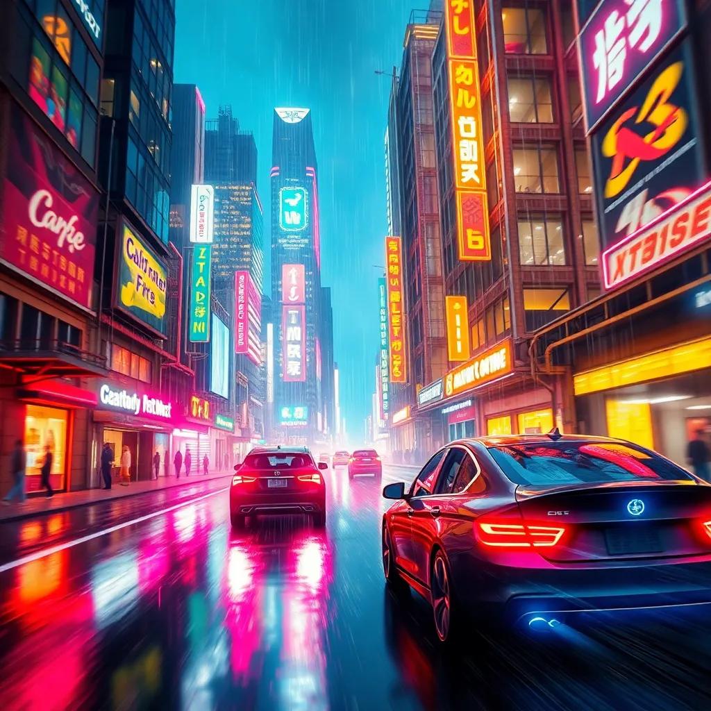 A futuristic cyberpunk city at night, glowing neon lights, rain drizzling, and flying cars zooming past, digital art, high-tech atmosphere, vibrant colors, engaging perspective, high quality