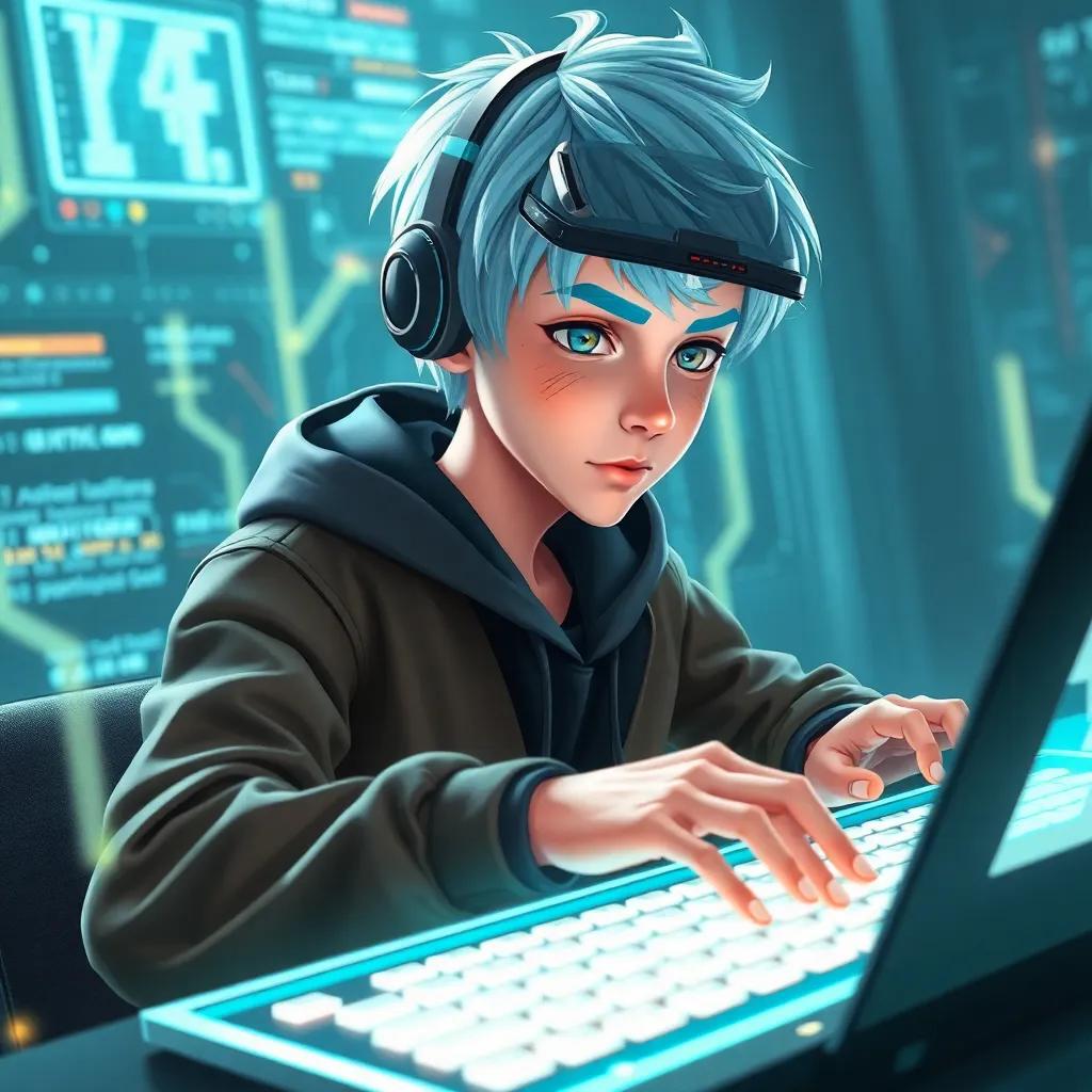 A young hacker, Kael, with short light blue hair and high-tech visor, typing rapidly on a holographic keyboard, glowing data streams around him, digital art, cyberpunk style, dynamic energy, high quality