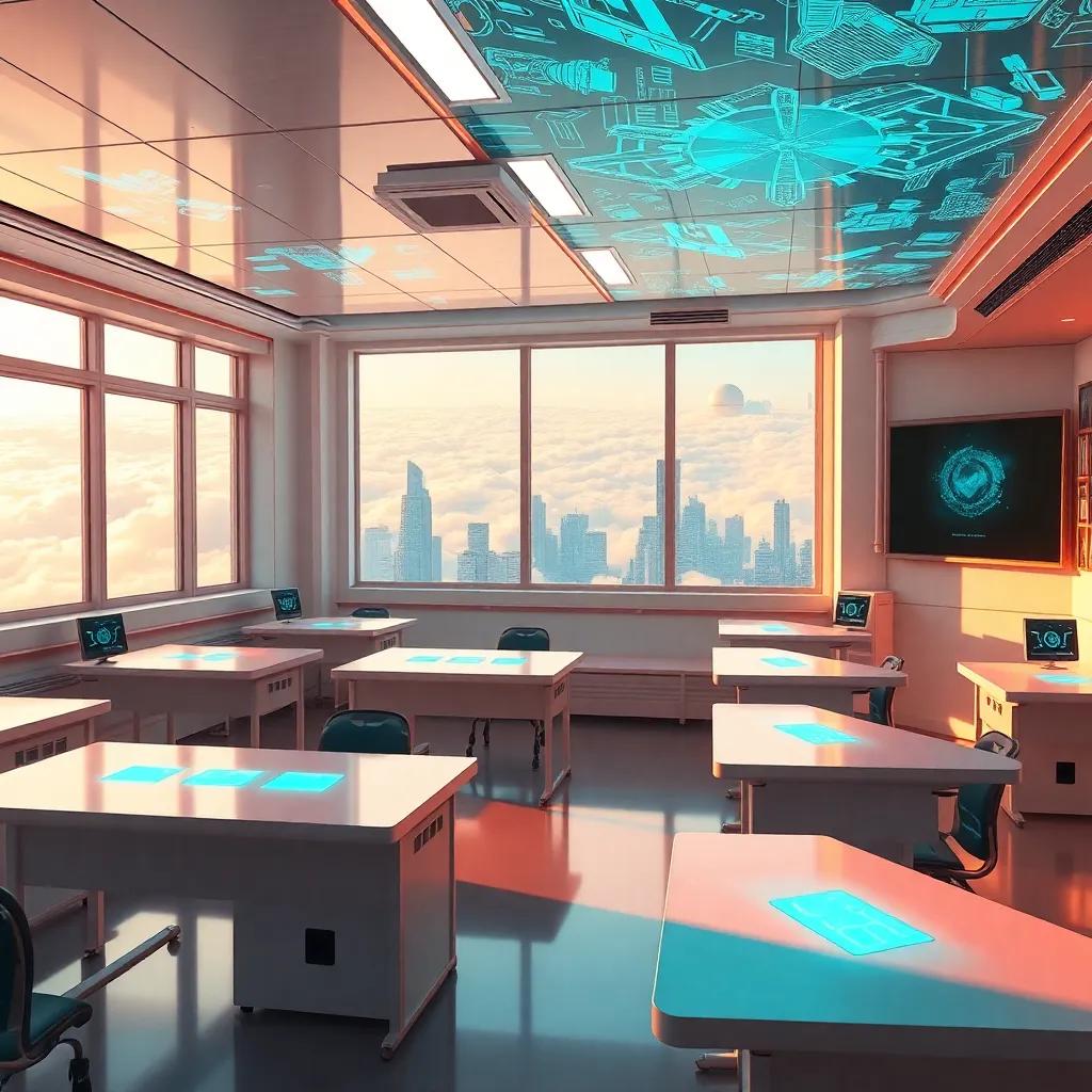 A futuristic classroom in a floating city, with high-tech holographic screens, sleek desks, and large windows showing the city above the clouds, digital art, bright, vibrant colors, bustling atmosphere, high quality