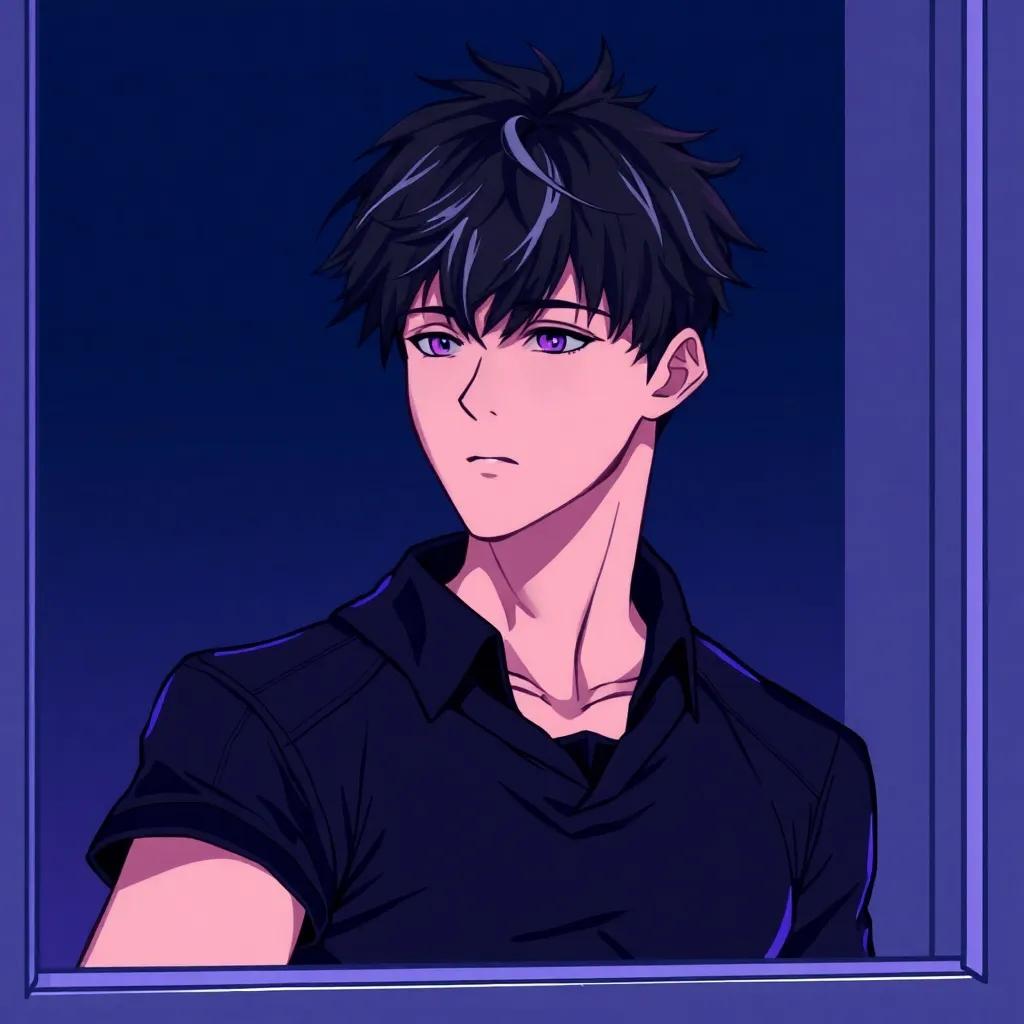 A lean, muscular boy named Kaido, with short messy dark brown hair and silver streaks, wearing a black futuristic school uniform, looking out of a window with a melancholic expression, digital painting, contrasting dark blue and purple tones, high quality
