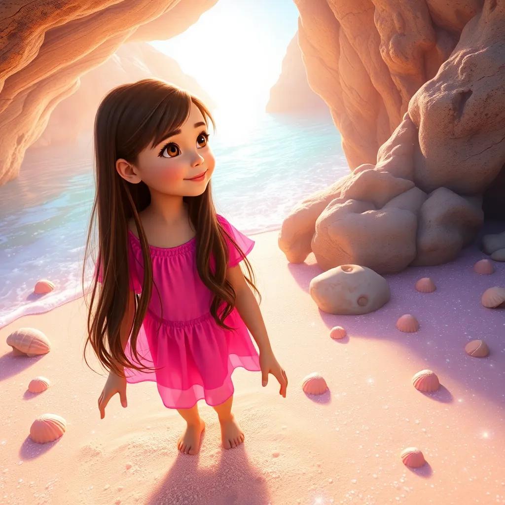 Kaitlyn, a young girl with long brown hair dressed in a bright pink dress, discovering a beautiful secret beach with glimmering sand and sparkling seashells under the sun, vibrant colors, magical, inviting scenery, high detail