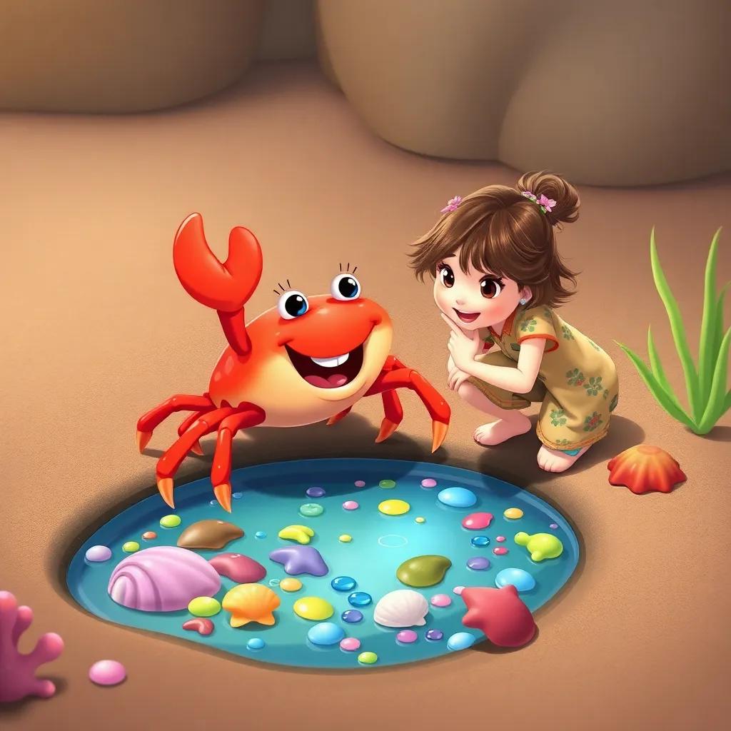 A friendly crab, cheerful and playful, waving its tiny claws at Kaitlyn, who is kneeling next to a tide pool filled with colorful sea creatures and shining seashells, playful mood, bright ocean colors, children's illustration