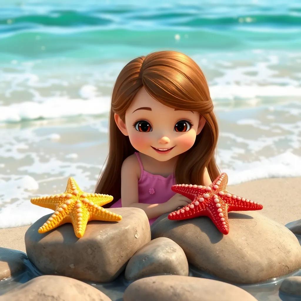 Kaitlyn, a young girl with long brown hair in a pink dress, gently smiling at a colorful starfish resting on rocks, ocean waves gently lapping at the shore, sunny day, friendly atmosphere, high quality
