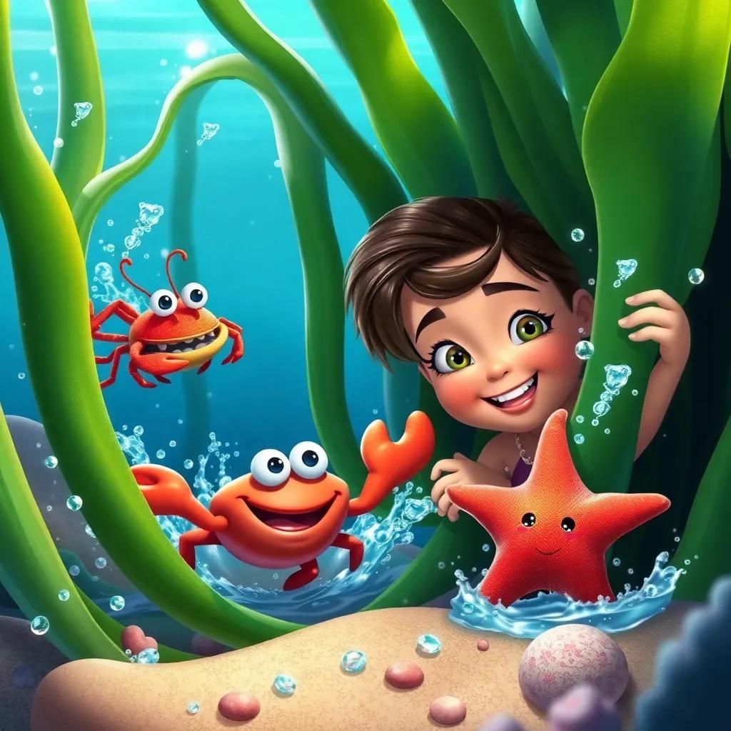 Kaitlyn hiding behind big seaweed, with a cheerful crab and a starfish searching for her, splashes of water and laughter all around, playful scene, bright and colorful, adventure-themed, high detail