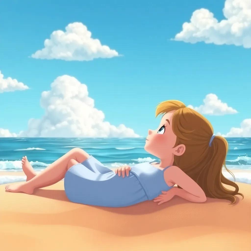 Kaitlyn lying on the warm sand, watching fluffy clouds float in the blue sky, gentle waves in the background, serene mood, natural beauty, children's illustration, high quality
