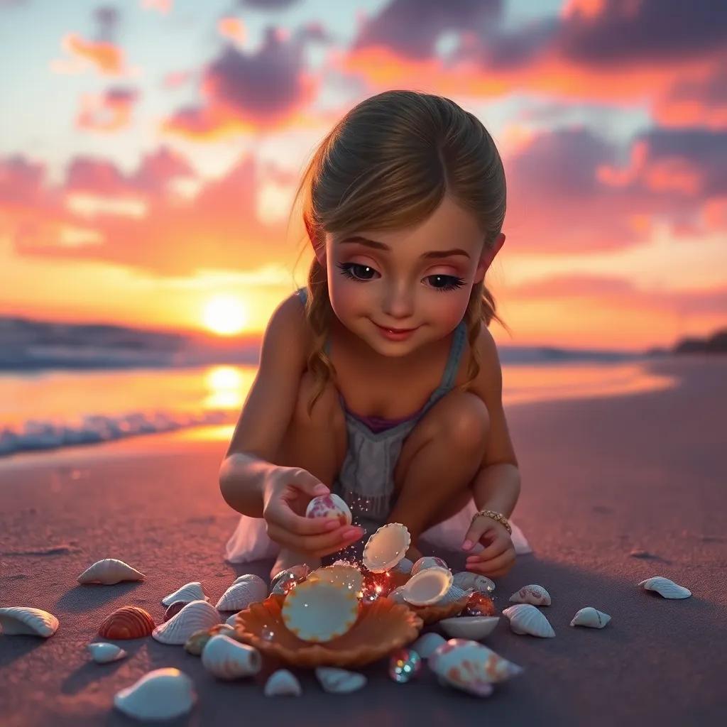 Kaitlyn picking up sparkling seashells on the beach, with the sun setting in the background and painting the sky in orange and pink, warm glow, treasure from her adventure, magical atmosphere, high detail