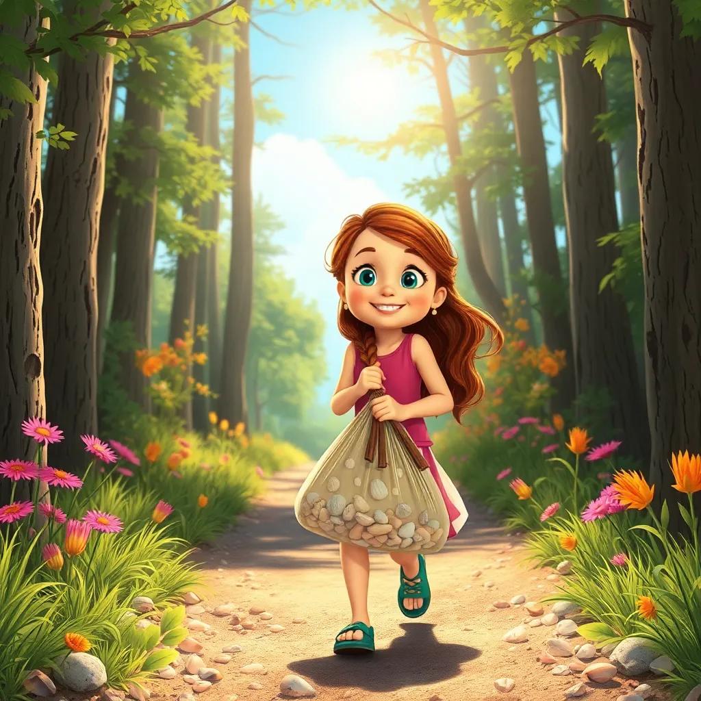Kaitlyn walking back through the wooded path with a bag of seashells, filled with joy and memories, bright sun shining down, happy expression, colorful nature surroundings, high quality