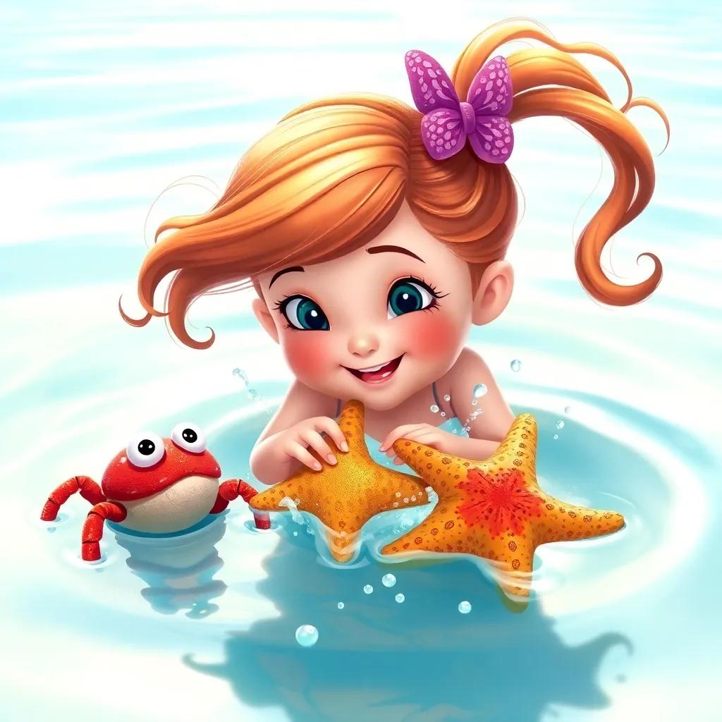 Kaitlyn playing with her sea creature friends: the crab and starfish, splashing each other in the calm clear water, joyful scene, bright colors, magical beach vibe, high detail