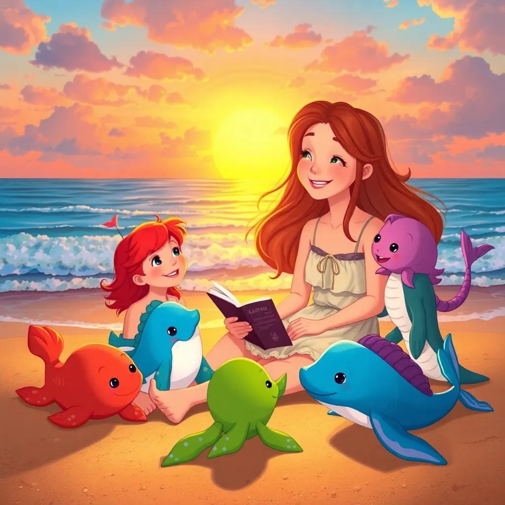 Kaitlyn sitting on the beach, surrounded by her sea friends, sharing stories and laughter as the ocean whispers around them, magical sunset view, inviting atmosphere, children's illustration, high quality