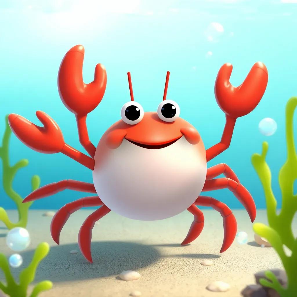 A crab named Kräftis, cheerful and bright, waving at Kaj, with seaweed and bubbles around, child-friendly style, cheerful, engaging atmosphere, high quality