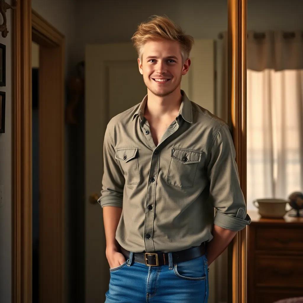 Michael, a tall White man with tousled hair, standing in Kallie's room, wearing a casual shirt and jeans, with a friendly smile, leaning against the door frame, warm light, inviting atmosphere, high quality