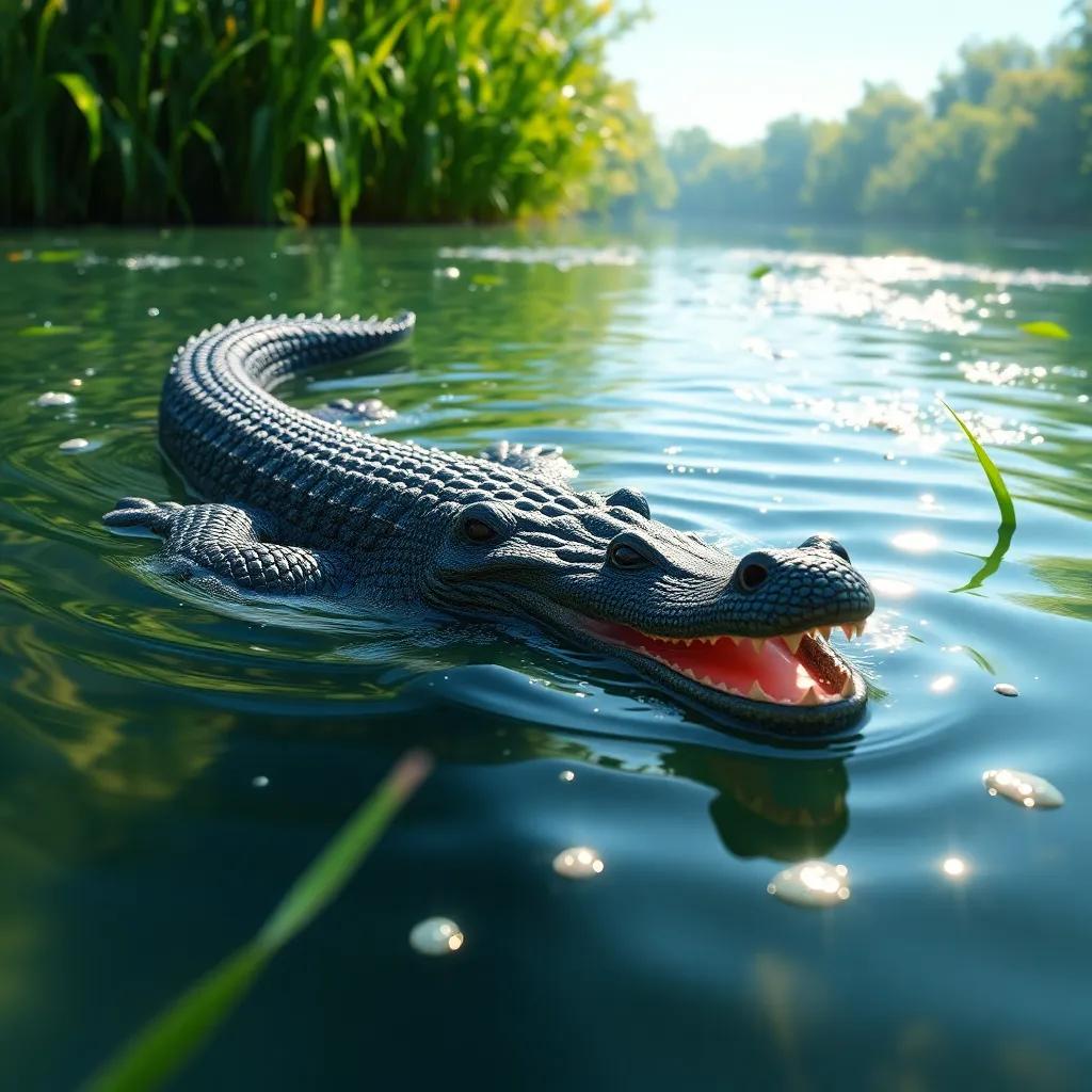 A black caiman, Kana, swimming happily in a beautiful river with sparkling waters, surrounded by lush green reeds under the bright sun, vibrant colors, cheerful atmosphere, nature scene, digital art, high quality