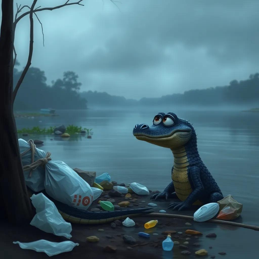 A worried black caiman, Kana, observing trash and plastic along the riverbank while feeling sad, with a dimming river in the background, gloomy colors, emotional scene, digital painting, high quality