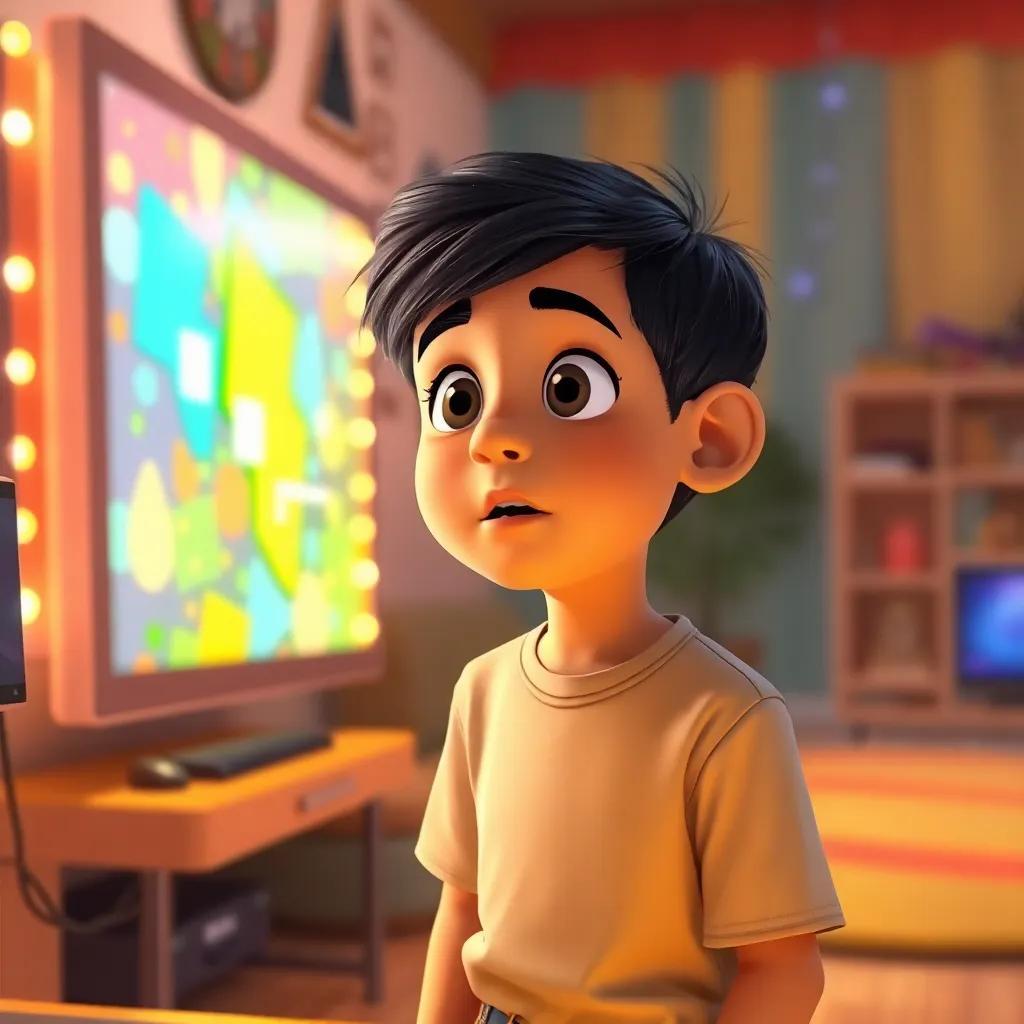 A young Arab boy, Kareem, with short black hair, wearing a t-shirt and jeans, looking surprised at a glowing computer screen, colorful lights around the screen, feeling excitement and curiosity in his eyes, bright and lively room, digital painting, engaging atmosphere, cheerful colors, high quality