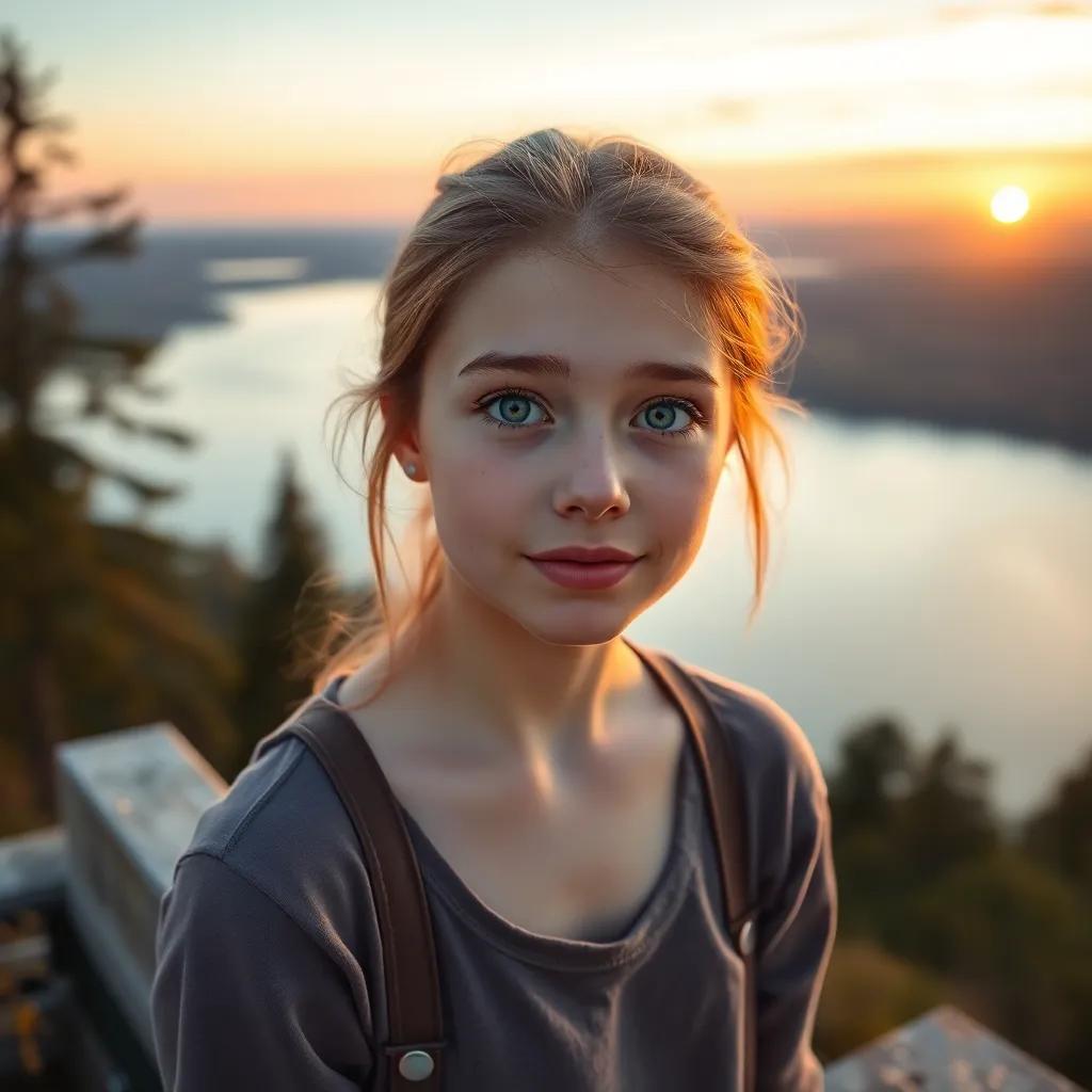 A young girl named Kart, 23 years old, with a square-shaped face and dark hazel albino blue eyes, looking out over Viljandi lake with a curious expression, wearing a simple outfit, soft sunset light, peaceful landscape, high quality, dreamy atmosphere