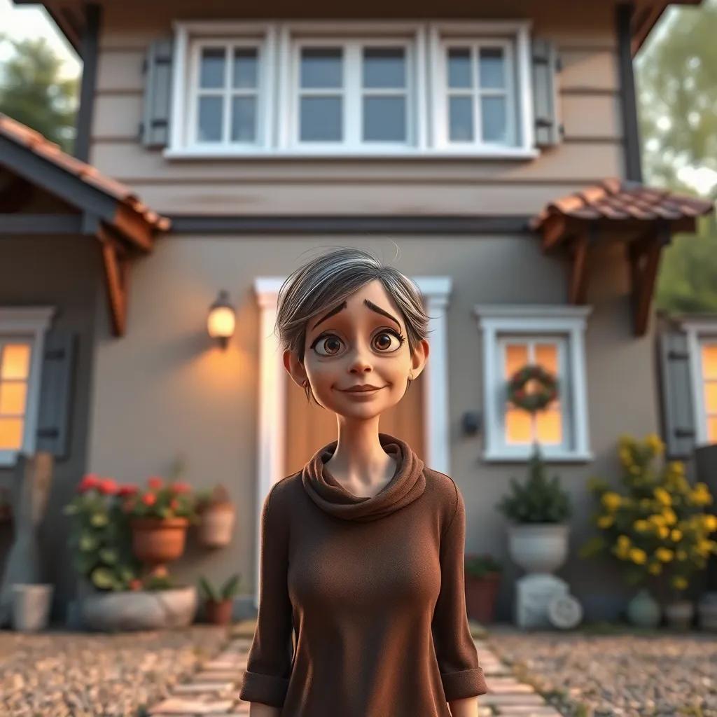 A frail-looking European woman, Kasia, standing at the door of a two-story house, looking tired but hopeful, soft light, inviting atmosphere, cheerful