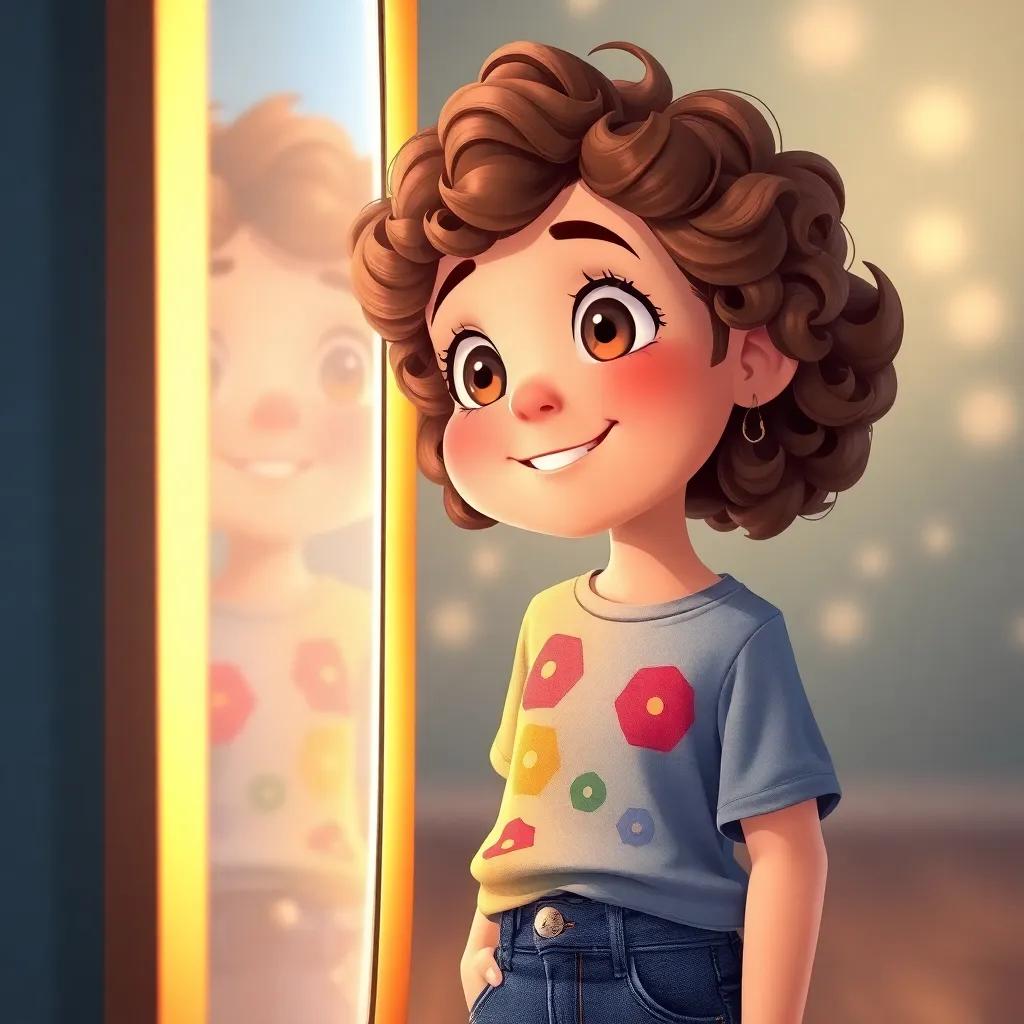 Kathy, a young girl with curly brown hair, wearing a colorful t-shirt and jeans, looking amazed into the shimmering mirror, showing her warm smile and kind eyes, dreamlike background, glowing light, artstation