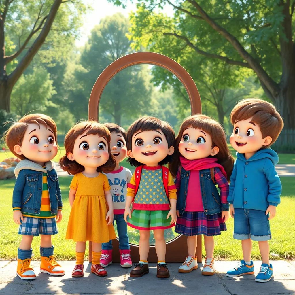 A group of happy children including Kathy and her friends, standing in front of the mirror outside, each looking with wonder, the mirror reflecting their joyful expressions, lively park setting, bright and colorful, cheerful mood