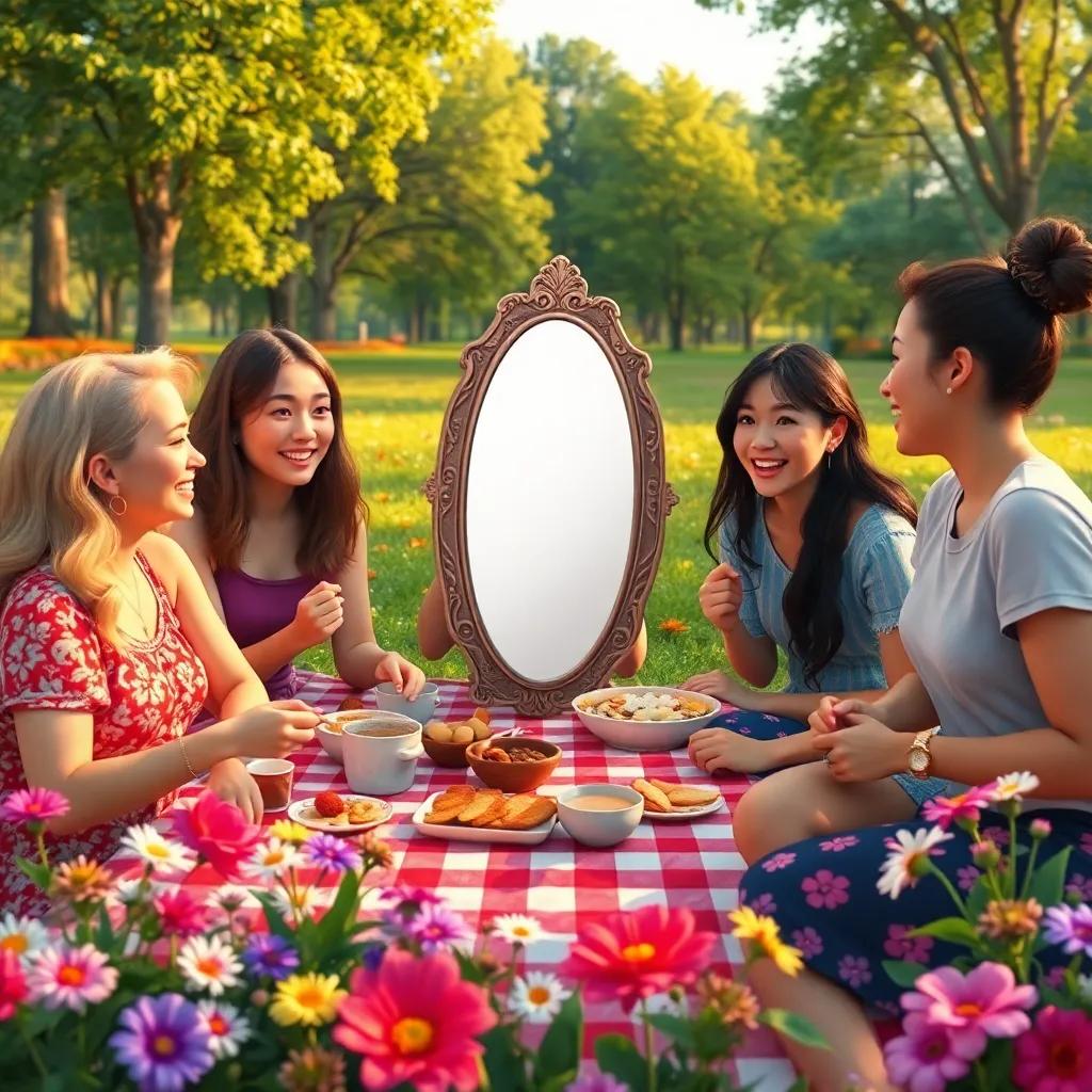 Kathy and her friends at a picnic in the park, sharing food and laughter, surrounded by flowers and trees, the mirror placed among them, glowing softly, feeling of camaraderie, vibrant colors