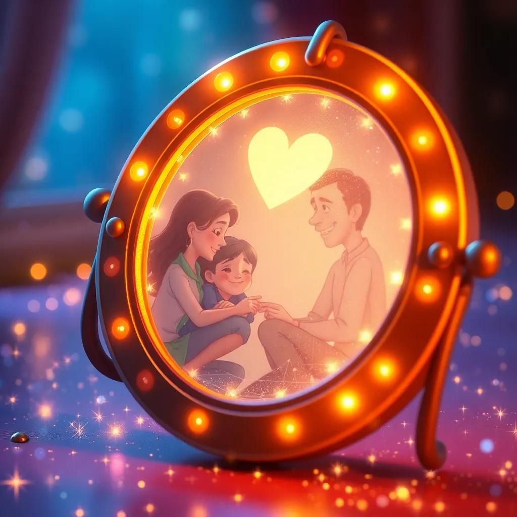 A close-up of the glowing mirror showing a heartwarming scene of friendship, surrounded by sparkles and magical light, an enchanting atmosphere, whimsical styling, imaginative