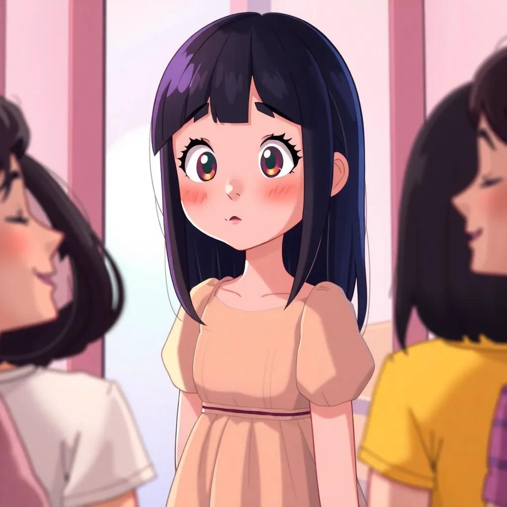 Mia, a shy girl with straight black hair, wearing a pastel dress, looking into the mirror surrounded by supportive friends, her eyes widening in realization, comforting and cheerful background, bright