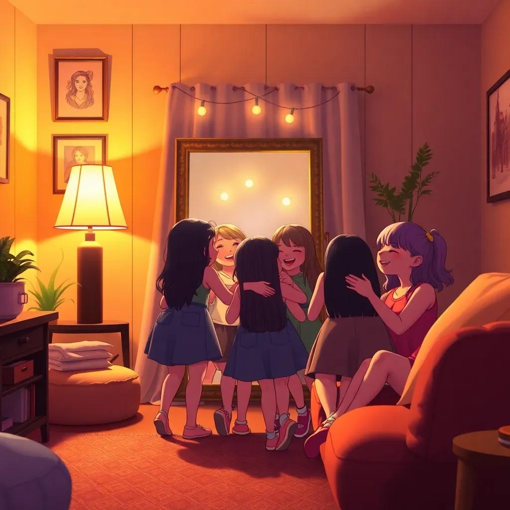 A cozy living room with girls gathered together during 'mirror night', sharing laughter and hugs, the mirror glowing brightly, everyone feeling happy and embraced, warm light, joyful scene