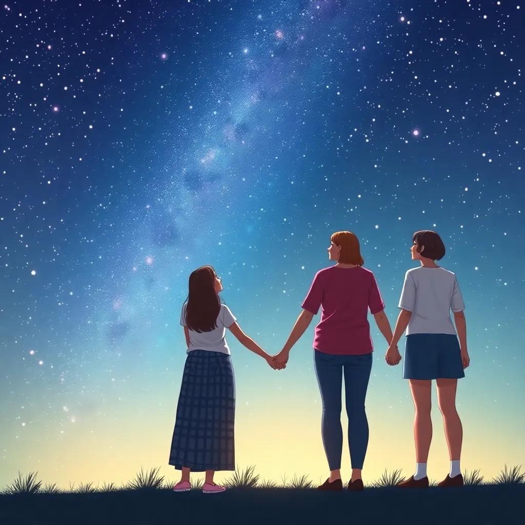 A group of friends standing hand in hand, looking up at the night sky filled with stars, reflecting on their inner beauty and friendship, magical and inspiring, soft colors
