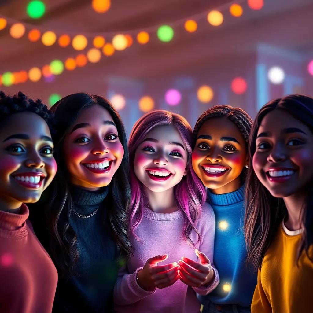 Kathy, Mia, and their friends smiling brightly with their lights shining, a blend of colors illuminating their faces, representing diversity and acceptance, beautiful atmosphere, positive vibes