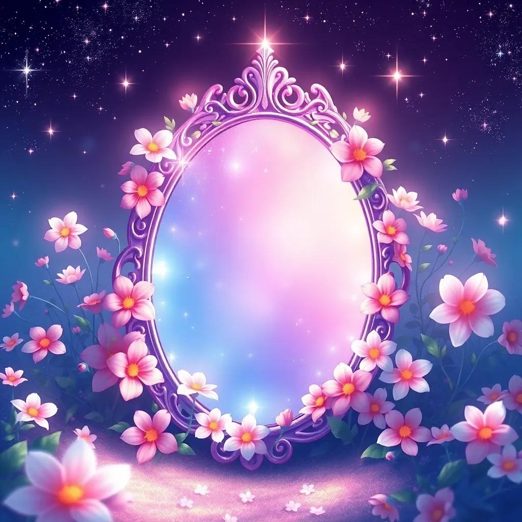 An illustration of the mirror surrounded by flowers and starlight, symbolizing inner beauty and friendship, magical scenery, mesmerizing art style, enchanting elements