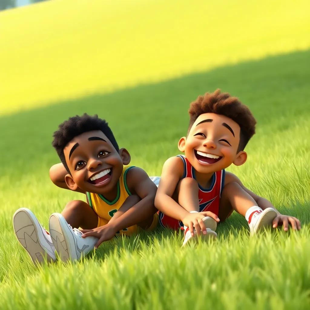 Karl-Anthony Towns and Anthony Edwards, both boys wearing colorful basketball gear, rolling down a grassy hill, laughter in their eyes, cheerful, summer day, bright colors, fun perspective, lively