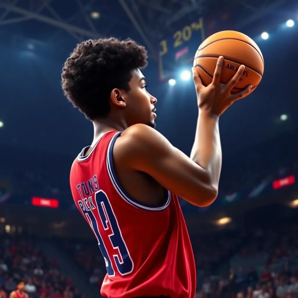 Karl-Anthony Towns, a tall African-American boy with short curly hair, shooting a basketball from a distance, stadium lights shining bright, crowd cheering, tense atmosphere, motion captured, excitement