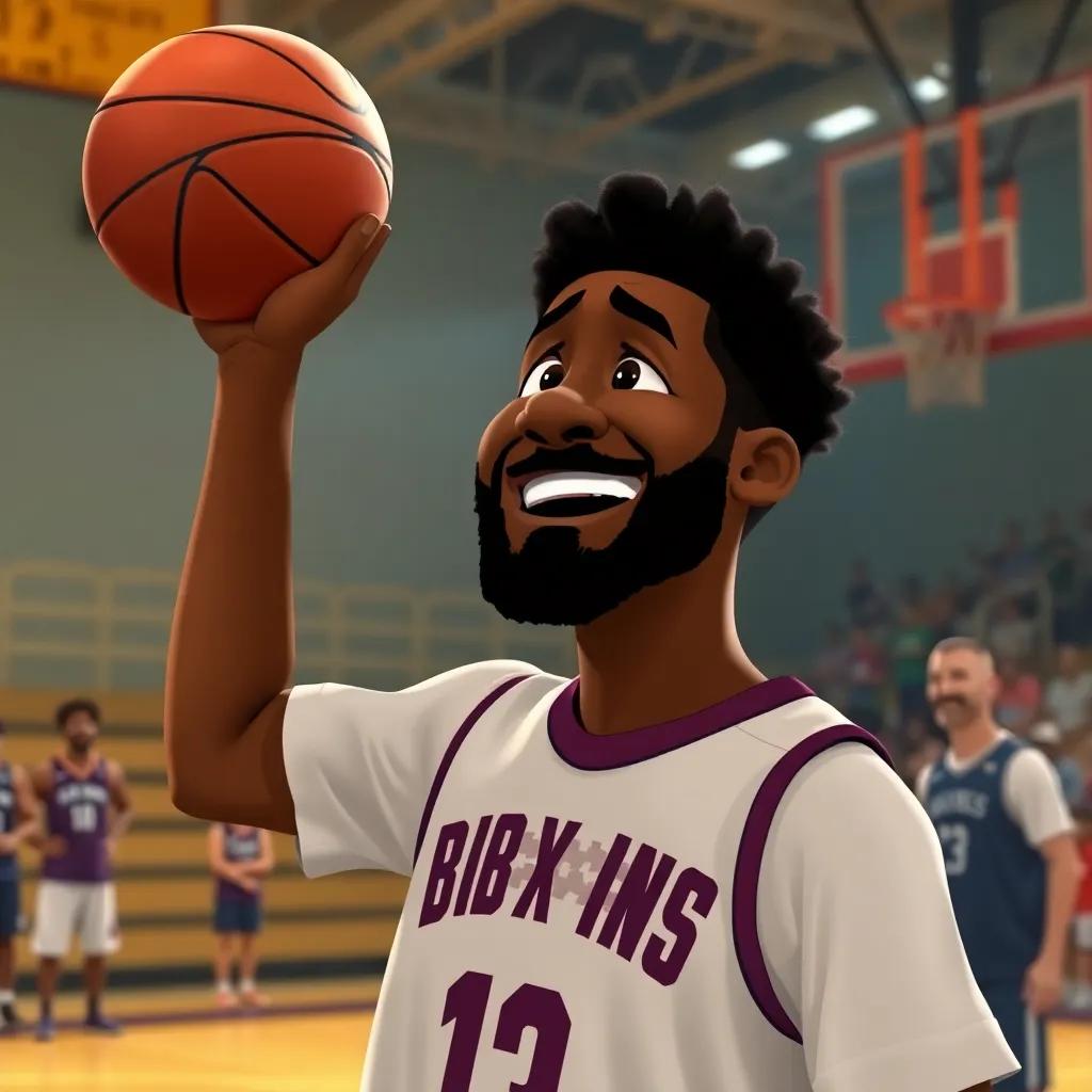 Karl-Anthony Towns, smiling with a basketball in his hand, waving goodbye to his friends in a gym, emotions showing sadness and hope, warm light, comforting atmosphere, quality storytelling
