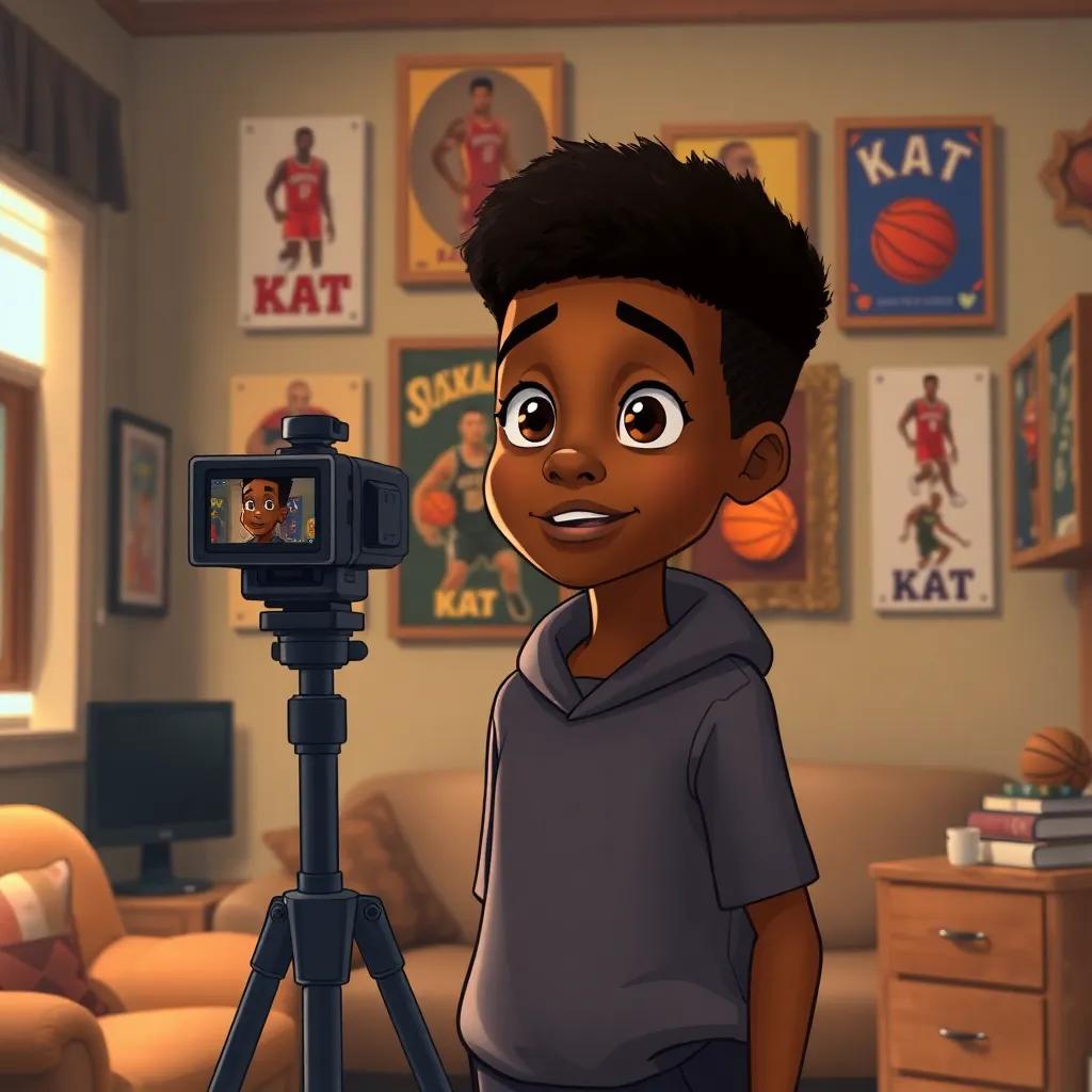 Anthony Edwards, a young African-American boy, standing tall with determination, as he films a video message for KAT, in a cozy room filled with basketball posters, heartfelt moment, warm colors, engaging