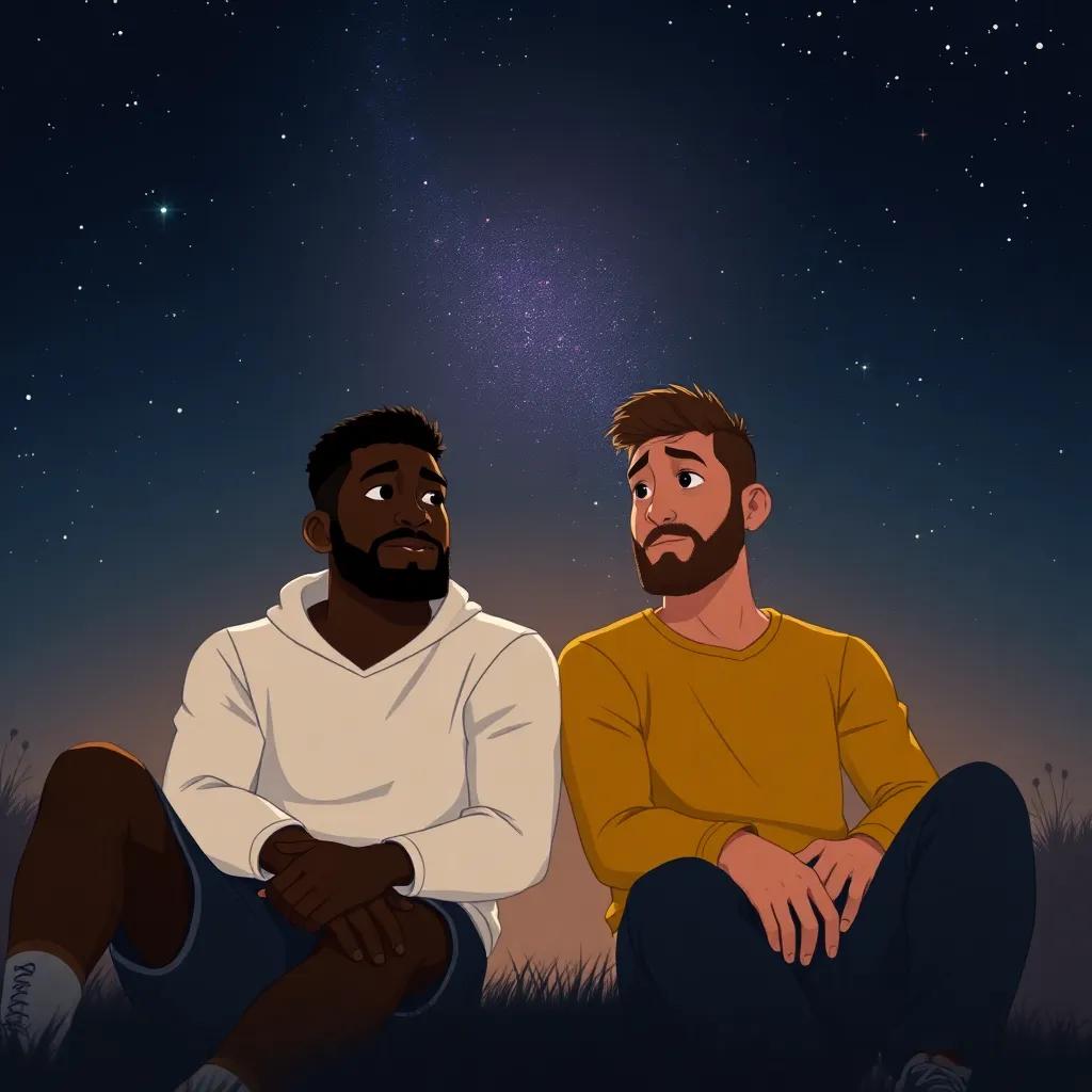 Karl-Anthony Towns and Anthony Edwards sitting side by side under a starlit sky, with thoughtful expressions, discussing dreams and friendship, deep colors, reflective mood, charming composition