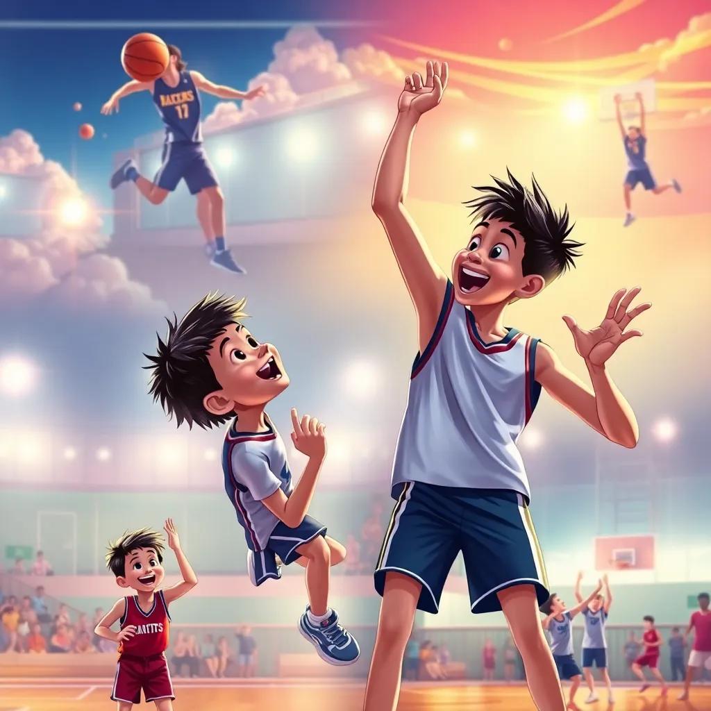 A collage of moments—both boys overcoming challenges on the court, celebrating a win, laughter, and friendship shining through each picture, colorful, vibrant scenes, dynamic composition