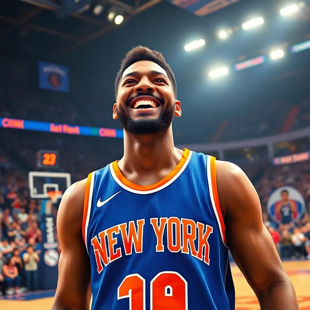 Karl-Anthony Towns wearing a New York Knicks jersey, smiling confidently as he practices on the court, surrounded by bright lights and cheering fans, hopeful scene, energetic atmosphere, inspiring perspective