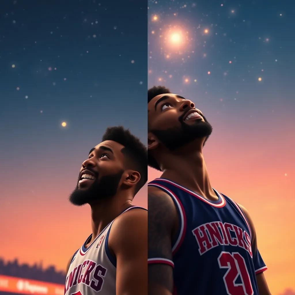 A split image showing Karl-Anthony Towns at the Knicks and Anthony Edwards looking up at the stars, symbolizing their continued friendship, emotional moment, warm colors, nostalgic yet hopeful
