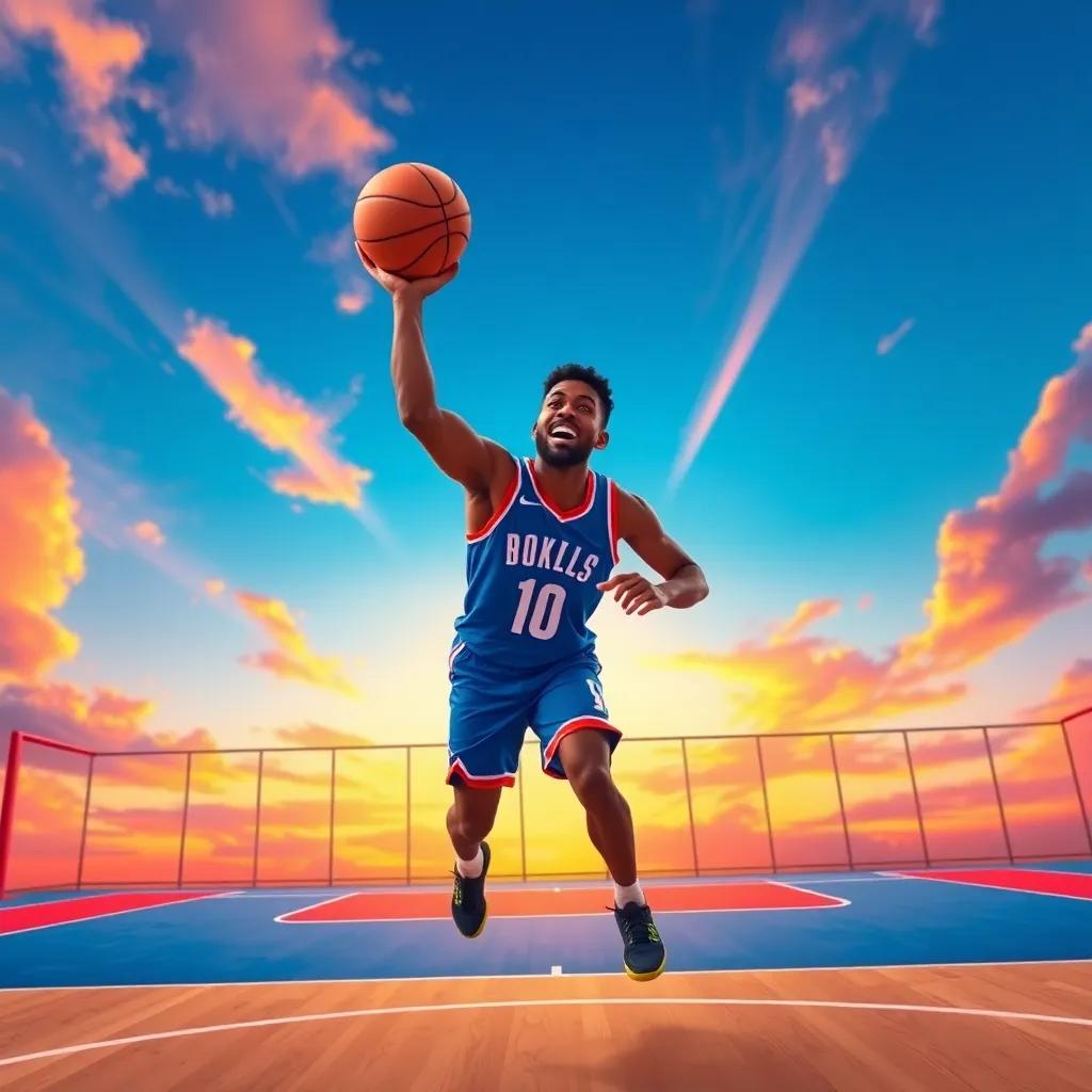 A basketball court with a sunset sky, a young Black man, Karl-Anthony Towns, dribbling a basketball, wearing a blue jersey with excitement, vibrant colors, joyful atmosphere, high quality