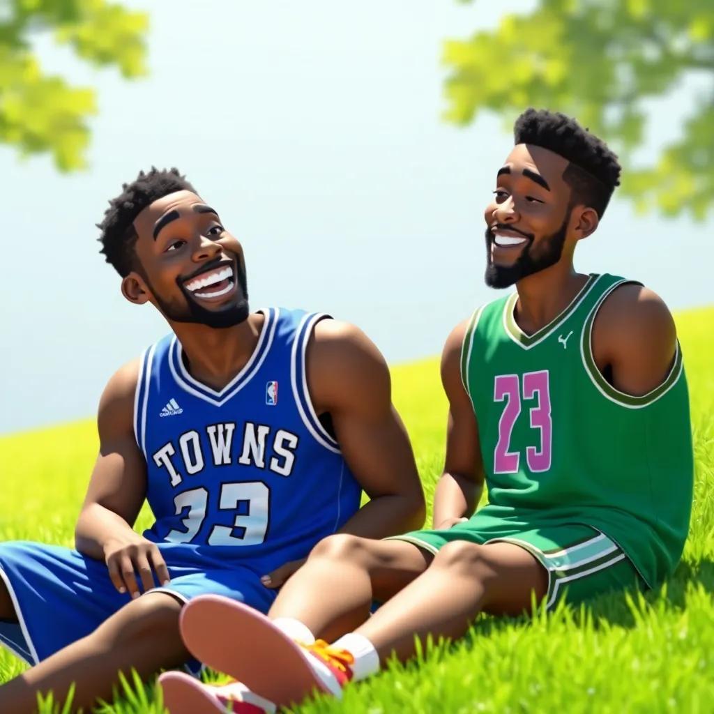 Karl-Anthony Towns, a young Black man in a blue jersey, laughing with Anthony Edwards, a young Black man in a green jersey, sitting on green grass, bright sunlight, cheerful environment, high quality