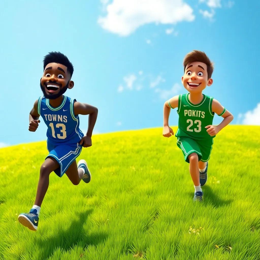A hill with green grass, Karl-Anthony Towns and Anthony Edwards running down, joy in their expressions, blue and green jerseys, playful atmosphere, bright and sunny day, high quality