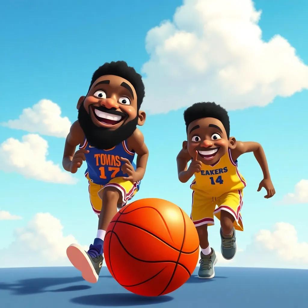 Karl-Anthony Towns and Anthony Edwards chasing a shiny basketball, both smiling, a blue sky with a few fluffy clouds, colorful, playful and energetic scene, high quality