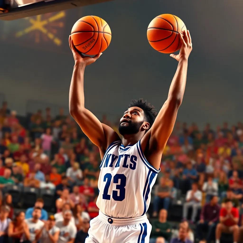 A moment of Karl-Anthony Towns shooting from downtown, the basketball flying through the air, a cheering crowd in the background, dynamic and exciting, vibrant colors, high quality