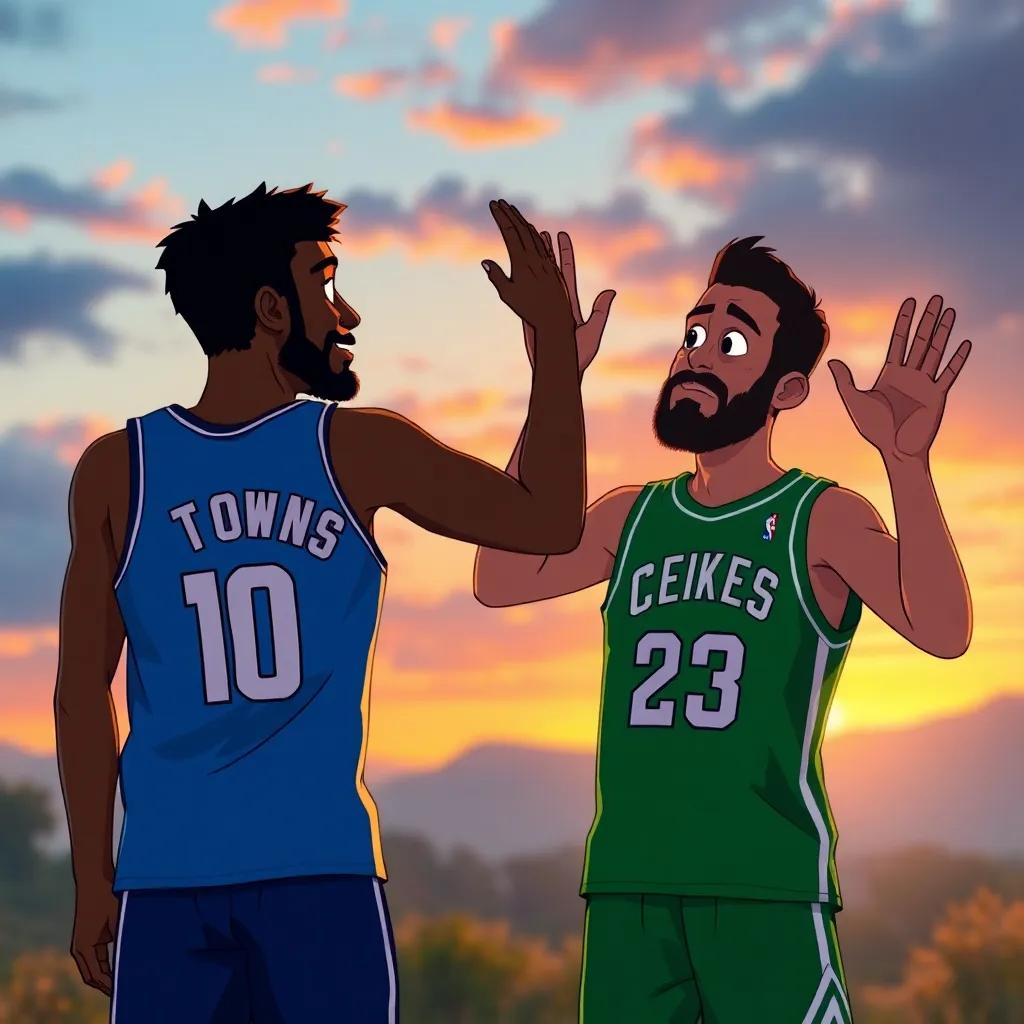 A scene with two friends waving goodbye, Karl-Anthony Towns in a blue jersey and Anthony Edwards in a green jersey, expressing sadness but hope, soft sunset light, emotional atmosphere, high quality