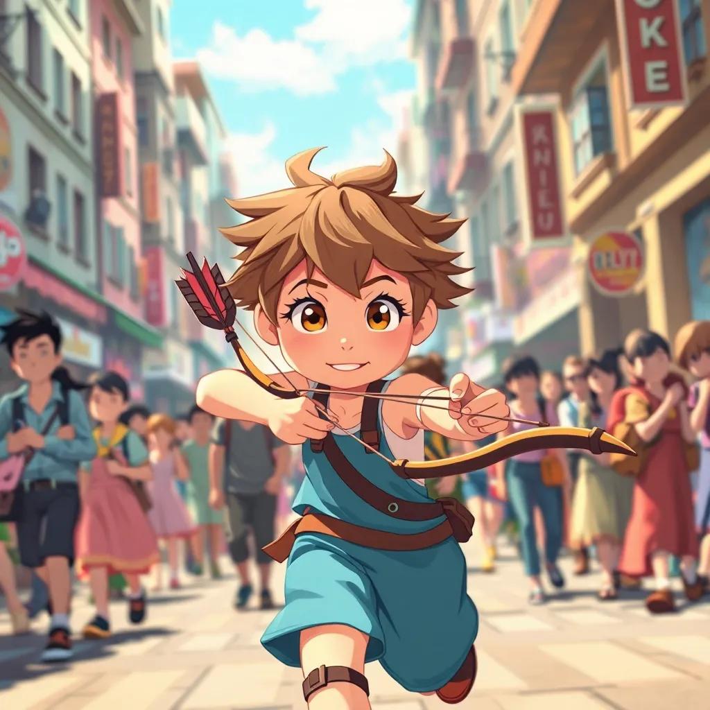 A brave girl, Keira, with short, messy hair, wearing boy's clothes, holding a bow and arrow, running through a busy street, crowded people, afternoon light, colorful, dynamic, cartoon style, friendly atmosphere, high quality