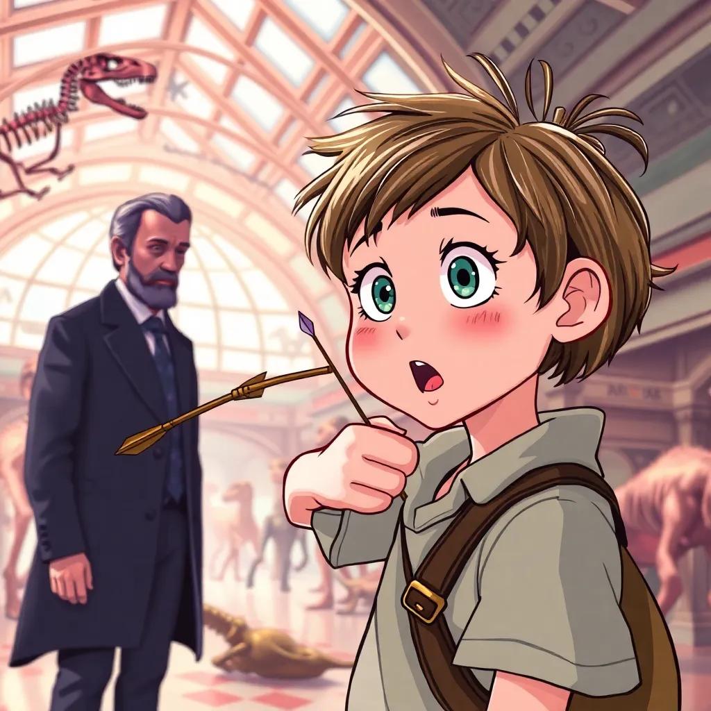 A young girl, Keira, with short, messy hair, wearing boy's clothes, accidentally hitting Theodore Roosevelt with an arrow, inside a bright museum filled with dinosaur skeletons, surprised expressions, whimsical art, vivid colors, humorous scene, high quality